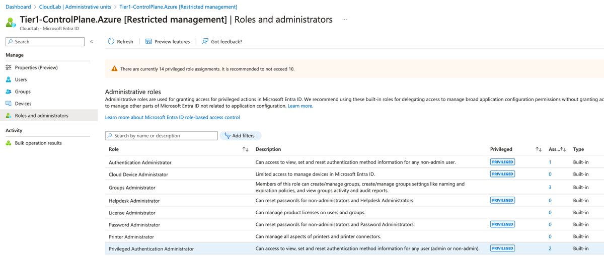 Restricted management AUs in #MicrosoftEntra: Privileged Authentication Admin seems to be available on RMAU level scope now. This support scenarios to use RMAU for privileged users (e.g., role-assignable group member) and keep delegating permissions to manage auth methods.