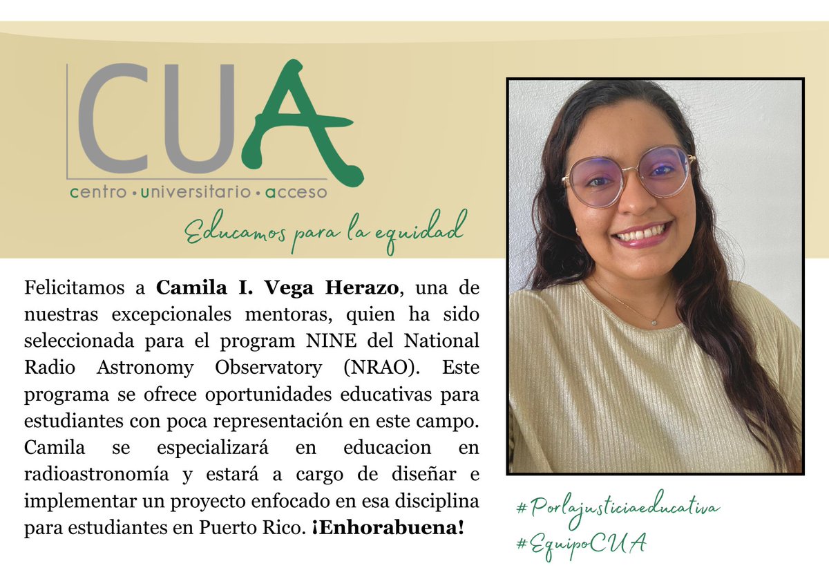 CUA-RUM (@cuarum) on Twitter photo ✨Felicitaciones para Camila por haber sido seleccionada para esta oportunidad que será de beneficio para nuestras y nuestros estudiantes en Puerto Rico. Gracias <a href="/CARSE_UPRM/">Center for Advanced Radio Sciences and Engineering</a> por esta nueva colaboración y a Camila por su compromiso con nuestra juventud y con la justicia educativa. ✨Felicitaciones para Camila por haber sido seleccionada para esta oportunidad que será de beneficio para nuestras y nuestros estudiantes en Puerto Rico. Gracias <a href="/CARSE_UPRM/">Center for Advanced Radio Sciences and Engineering</a> por esta nueva colaboración y a Camila por su compromiso con nuestra juventud y con la justicia educativa.