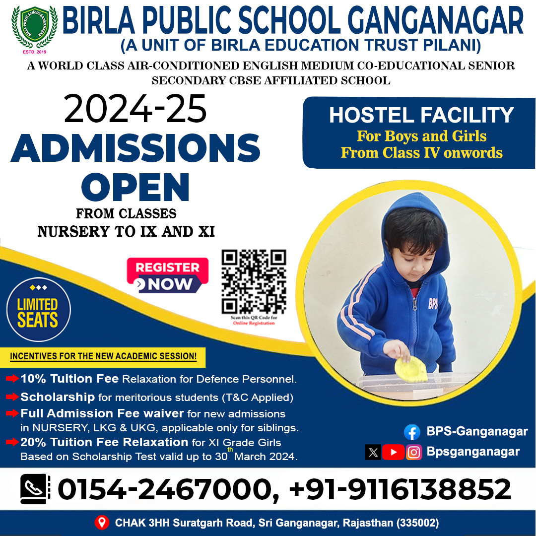 ADMISSION OPEN FOR THE ACADEMIC YEAR 2024-25

For inquiries and to secure your child's future, contact us today at:
Phone: 0154-2467000, +91-9116138852
Email: admission@bpsg.edu.in
Website: bpsg.edu.in
#BPSG #bpsgangnagar #sriganganagar #sgnr #betpilani #bpsgfamily