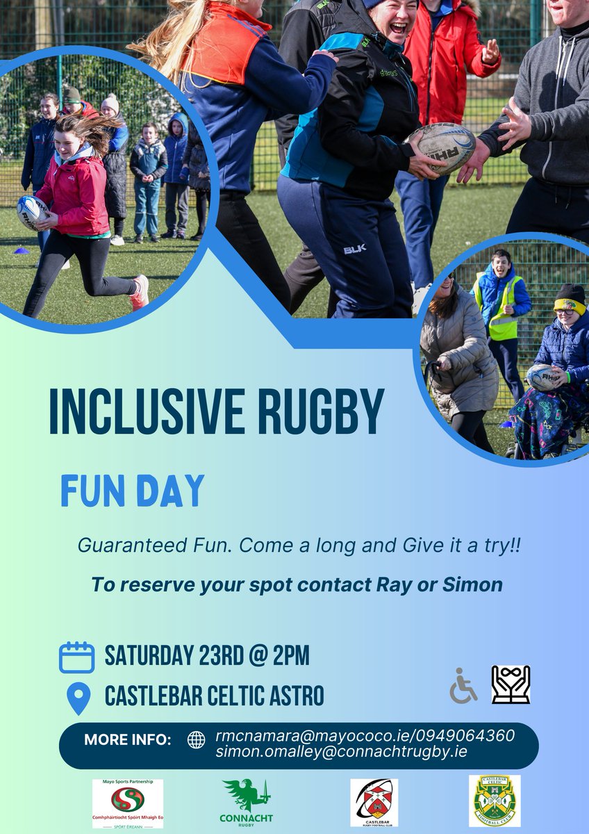*Inclusive Rugby Fun Day* ⏲️Saturday 23rd @ 2pm 📍Castlebar Celtic Astro If interested in coming along . Contact : simon.omalley@connachtrugby.ie rmcnamara@mayococo.ie
