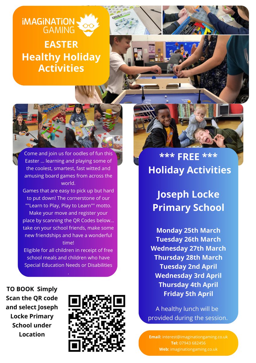 @imagigaming return to #barnsleyhealthyholiday for more activities at @JosephLockePS this Easter! If your child receives benefits-related free school meals get in touch now to book your FREE place To book simply scan the QR code #barnsley #Easter #boardgames