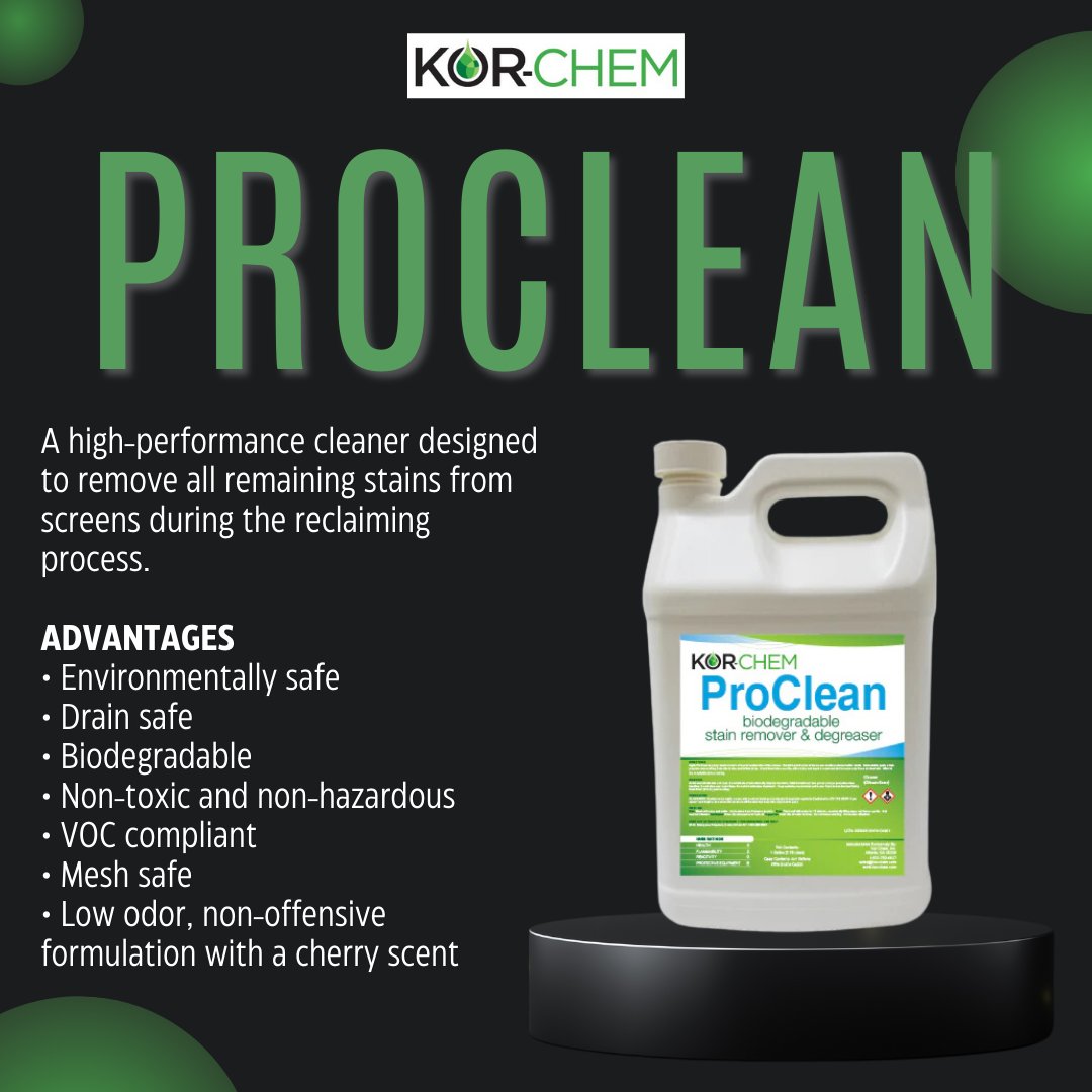 KorChemInc's tweet image. Non-caustic and environmentally safe, ProClean removes stubborn stains, degreases screens, and prevents ghost images. A must-have for textile printers, this biodegradable formula with a cherry scent makes every reclaiming process a breeze. #KorChem #ProClean #ScreenPrinting