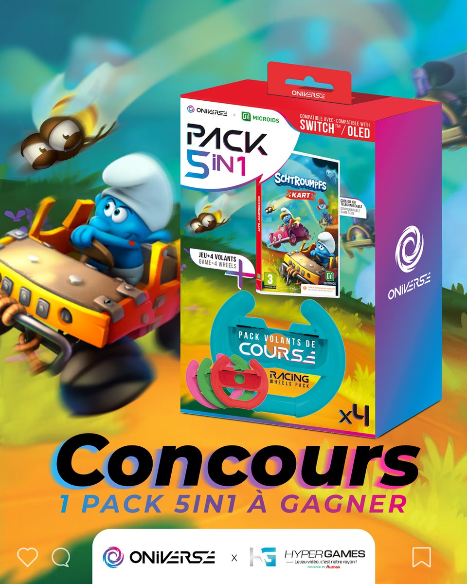 #concours Envie de sensations fortes sur Nintendo Switch ? 🏎️ Tente de remporter un pack exclusif de 4 volants SWITCH™ et le jeu Schtroumpfs Kart ! 🌟 Courses endiablées et fun assuré ! 🎮 ➡️RT + FOLLOW @HypergamesA ➡️COMMENTE AVEC LE #2IN1 TAS LE 22/04.