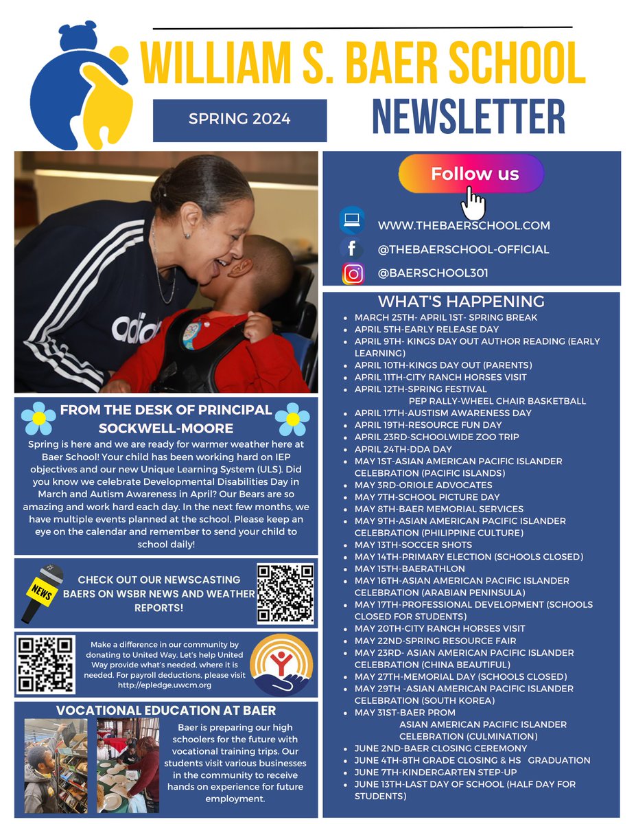 (Correction on some of the upcoming dates: April 5 & June 13) Check out Baer’s Spring 2024 Newsletter for current and future events for our students and families!
@BaltCitySchools
#BaerStrong #BCPSS
