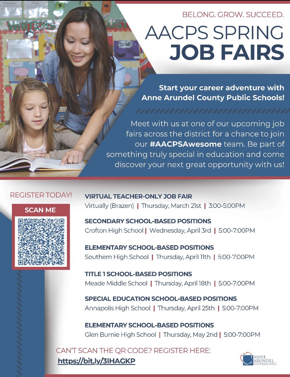 Interested in teaching for Anne Arundel County Public Schools? Come see us at one of the AACPS Spring Job Fairs! #AACPSAwesome #BelongGrowSucceed