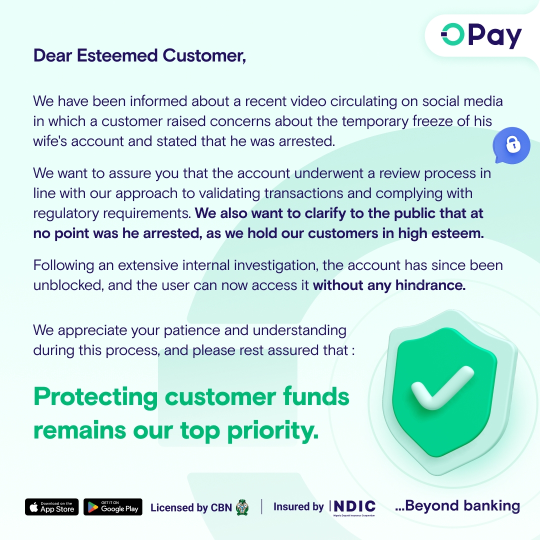 Thank you for choosing and trusting OPay. Your satisfaction is our top priority, always. #OpayBeyondBanking #opay