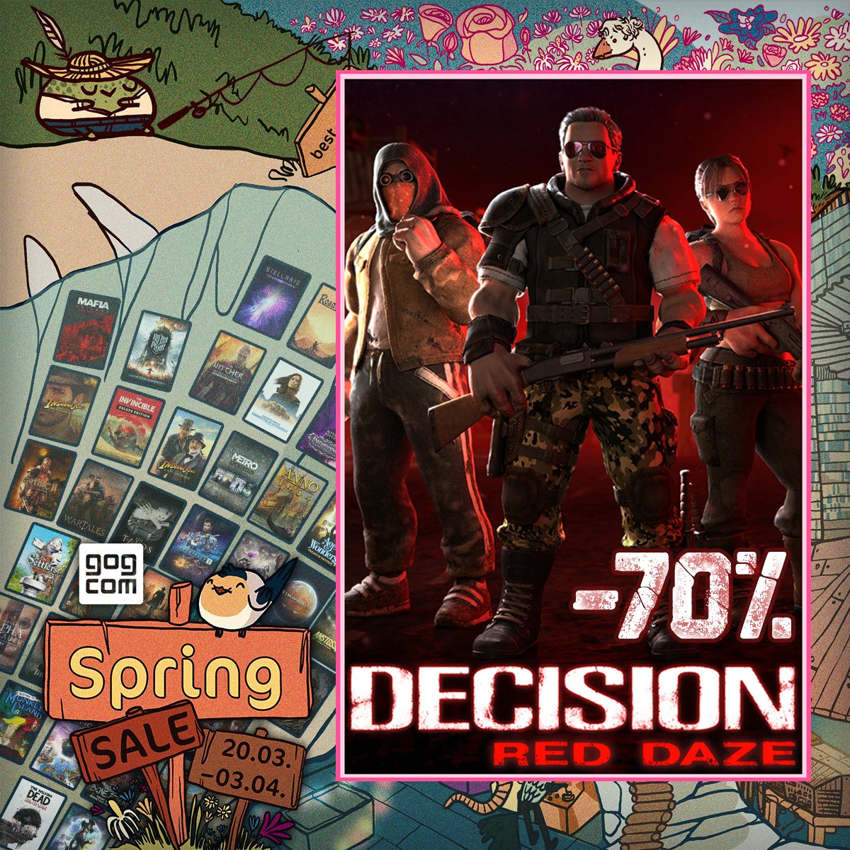 DecisionRedDaze's tweet photo. A Spring discount frenzy continues!🤩💫 Snag your copy of #DecisionRedDaze on @GOGcom today and dive into a dangerous #postapocalyptic world full of #zombies and mutants!🧟➡️https://t.co/VZaGOhGUmk✨
#indiegame #indiegamedev #gamedev #GOGSpringSale #games #gaming https://t.co/i0YEJL0yrX