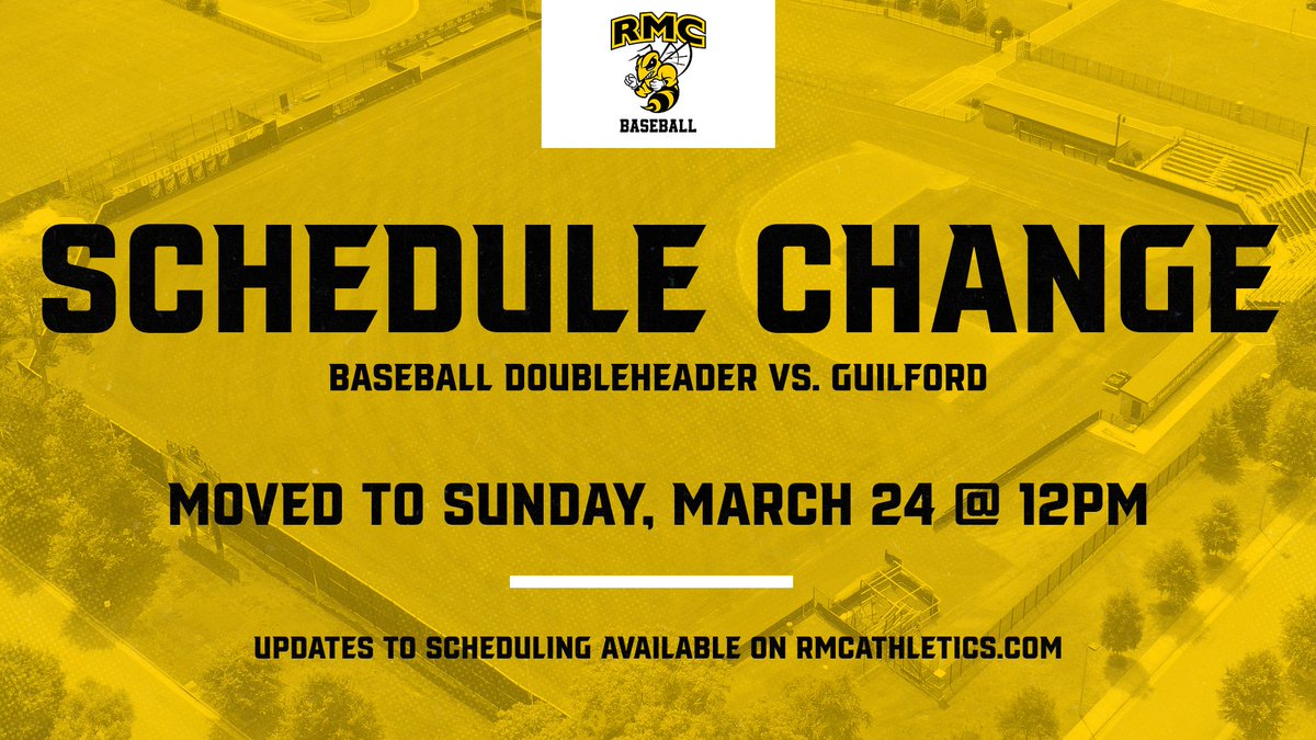 Due to the forecast of heavy rain on Saturday, DH between <a href="/RMCJackets/">R-MC Baseball</a> &amp; <a href="/goquakers/">Guilford Athletics</a> moved to Sunday at noon. #d3baseball rmcathletics.com/news/2024/3/21…