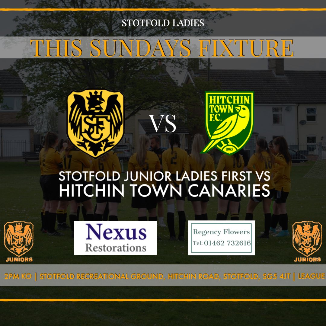 Focus turns to this Sundays game where we host our final home game of the season against hitchin town canaries! 

🆚 <a href="/HitchinTownWFC/">Hitchin Town Women FC</a> canaries
🏆 League 
📍 Stotfold Recreational Ground, Hitchin Road, Stotfold, SG5 4JT 
⏰ 2pm KO

Come along and support the ladies!💛🖤