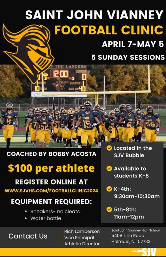 Saint John’s Vianney Camp Series @SJVHS @SJVLancersFB Designed to Enhance Fundamentals, Skill. Speed, Strength, and Mental Aspects. This program will transform your game. Camp Curriculum 1. Skills and Drills 2. Enhance Football IQ 3. Speed and Agility 4. FUN QB, WR, RB, TE,…
