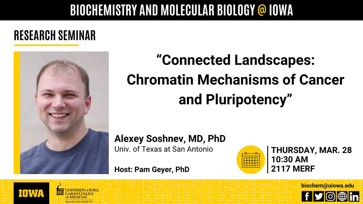 We are pleased to have Dr. Alexey Soshnev be our first seminar speaker for Spring 2024! Alexey was a trainee in the lab of Dr. Pamela Geyer at @IowaMed and will be presenting his research 'Connected Landscapes: Chromatin Mechanisms of Cancer and Pluripotency' on March 28.