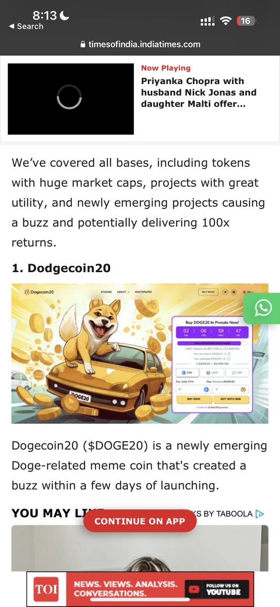 cryptoady's tweet photo. The Times of India did an article claiming that they’ve nailed five of the best cryptos to buy now in 2024 after going through hundreds of thousands crypto to choose from.

Their Picks is what makes it concerning :

1. Dodgecoin20
2. Smog Token
3. Scotty the AI

They also mentioned Chainlink & Uniswap but its weird article only posted link to buy TOP 3 - which are shady coins.

@timesofindia  pls be more responsible in what gets posted on your website. These are shady coins & people with no knowledge on Crypto - will end up losing all their money.