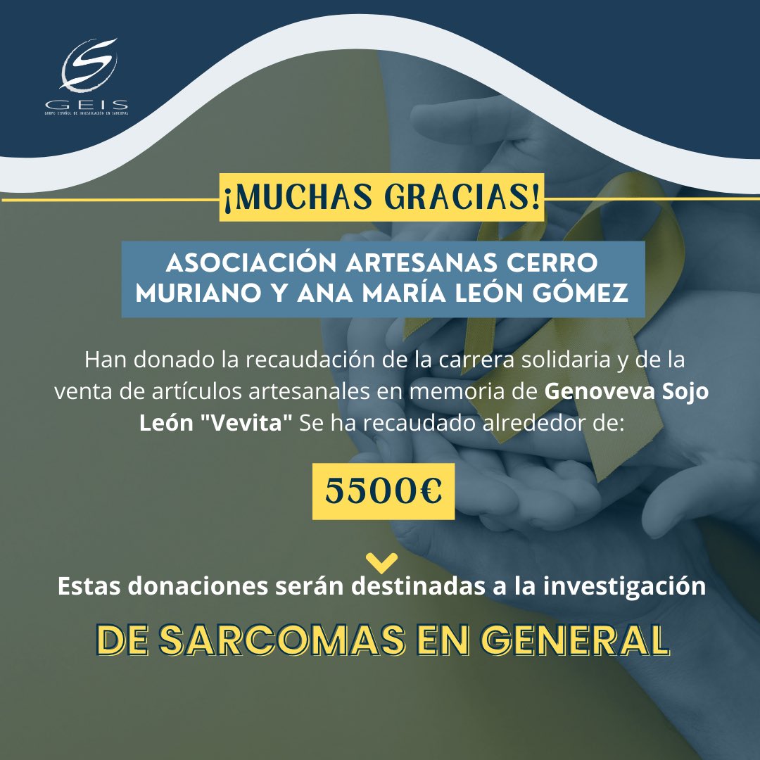 ¡Gracias infinitas por su apoyo!✨ 🙌🏻La Asociación Artesanas Cerro Muriano y Ana María León Gómez donan €5.557,81 a la investigación de Sarcomas.💛 ¡Su apoyo nos motiva a seguir adelante en la lucha contra esta enfermedad! 🎗️ Juntos podemos vencer el sarcoma!💛 #cáncer #sarcomas