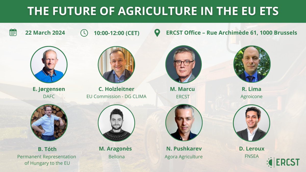 📅 TOMORROW | “The Future of Agriculture in the EU ETS”. Join us at the ERCST Office, for an event that will delve into the future of the agricultural sector and carbon pricing. More info & registration 👉bit.ly/497E24y