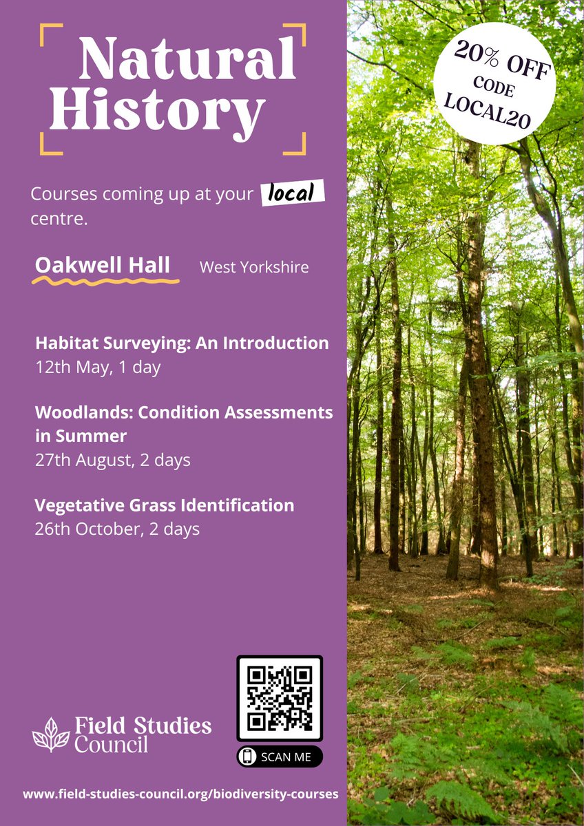 #OakwellHall is now a local centre for @FieldStudiesC #Biodiversity Courses! Spend a day in nature with expert tutors, delve into the world of #woodlands, #grasses and learn beginner #habitat surveying skills. Book online at orlo.uk/CyNod using LOCAL20 for 20% off!