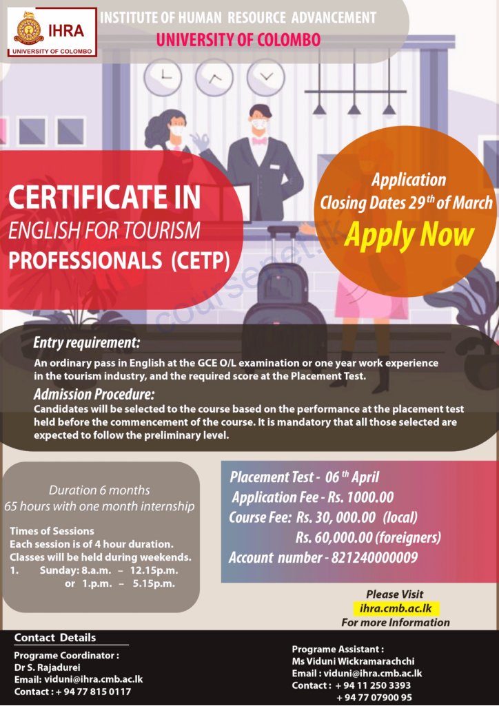 Certificate in English for Tourism Professionals (CETP) from the University of Colombo #certificate #english #tourism #course #coursenet