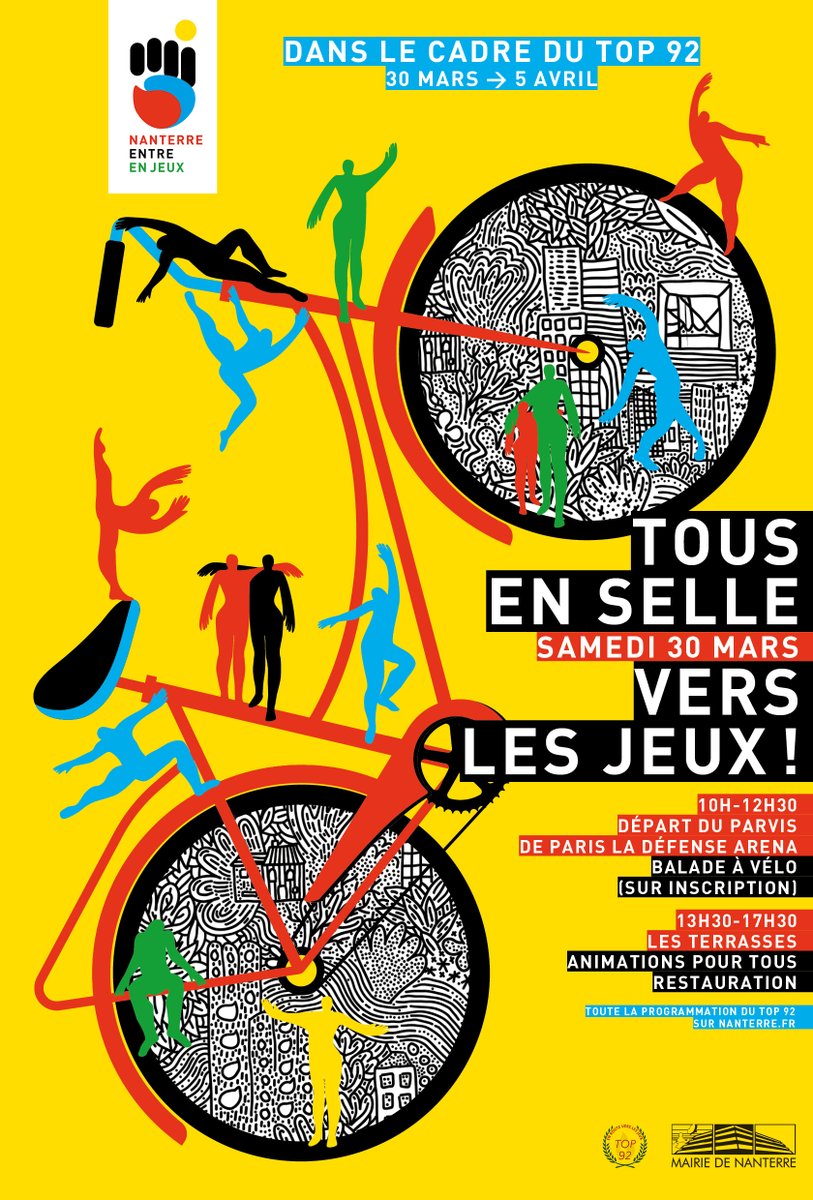 🚴‍♂️Joignez-vous aux JO 2024 à #Nanterre le 30 mars ! 📅Balade à vélo et animations sur les Terrasses. 🏅Le #TOP92 : parcours sportif et culturel dans les Hauts-de-Seine, célébrant l'olympisme. Pour découvrir en plus et vous inscrire, rendez-vous 👇 nanterre.fr/agenda/eveneme…