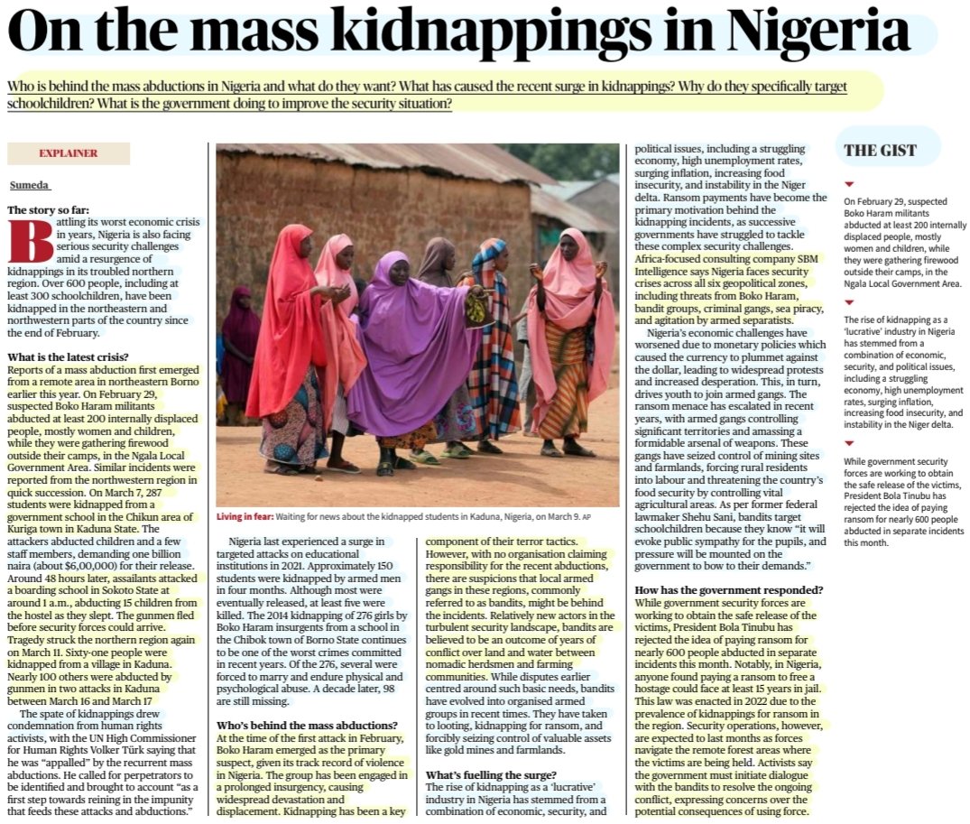 imRavikantYadav's tweet photo. 'On the Mass Kidnappings in Nigeria'

:Details by Ms Sumeda
@SumedaSharma 

#Nigeria #BolaTinubu 
 #MassKidnapping #Abduction 
#Children #Students #women #Kidnapping #Ransom
#BokoHaram #Bandits 
#HumanitarianCrisis
#NigeriaNews 

#UPSC

Source: TH https://t.co/4wVvzVTpUJ