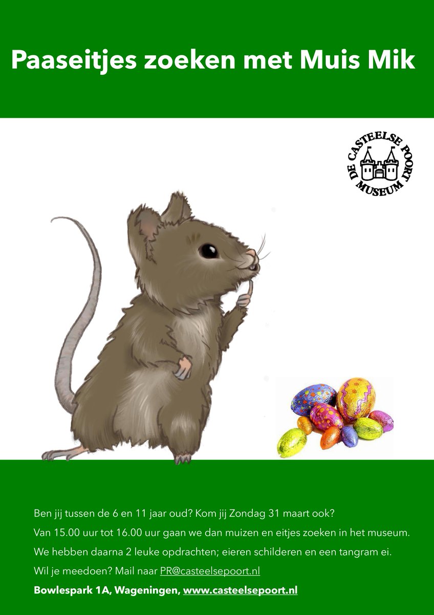 Paaseitjes zoeken met Muis Mik
Ben jij tussen de 6 en 11 jaar? Zondag 31 maart van 15:00 uur tot 16:00 uur gaan we muizen en eitjes zoeken. Daarna 2 opdrachten; eieren schilderen en een tangram ei.
Meedoen? Mail pr@casteelsepoort.nl
#muismik #proefwageningen #cultuurinwageningen