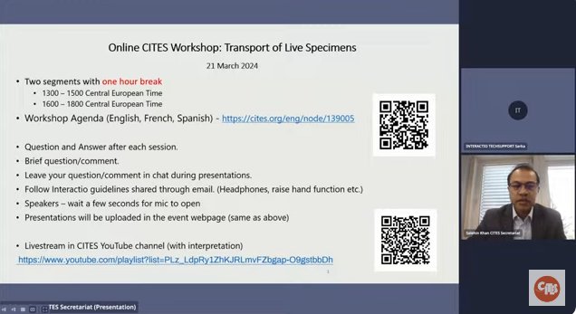#HappeningNow! CITES Online Workshop on the Transport of Live Specimens ✈️🌸🐟 📺 Watch live on the CITES YouTube Channel: youtube.com/@CITES/live 👀 Session 1️⃣ (13:00-15:00 CET) Session 2️⃣ (16:00-18:00 CET)
