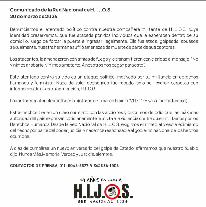 #Argentina gravissimo attacco contro attivista per i diritti umani a Rosario. Due uomini armati l'hanno aggredita e violentata in casa sua. "Non vogliamo rubare vogliamo ucciderti" le hanno detto e hanno scritto sul muro lo slogan del presidente Milei "Viva la libertad carajo"