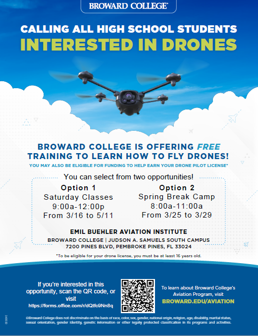 McArthur_BRACE's tweet photo. Spring BREAK is Near & @BrowardCollege wants you to F.L.Y. #FocusonLearningYearly Drones Learning is FREE near you (Pines Campus-South) #DroneLearning #GetCertification #GetaHighPayingjob #ApplyNOW2options #UGotThis #makeUsProud https://t.co/mp0cm341t7