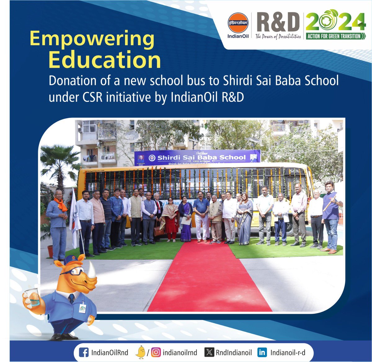1/3 IndianOil proudly donates a school bus to Shirdi Sai Baba School, Faridabad, under its CSR activity, ensuring smoother journeys for over 300 underprivileged students.