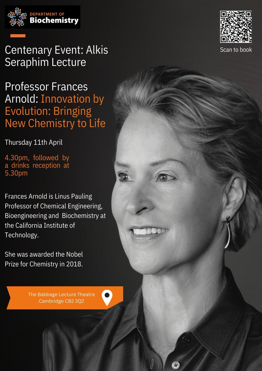 Nobel laureate Frances Arnold will be giving the Alkis Seraphim Lecture on 'Innovation by Evolution: Bringing New Chemistry to Life' at 4.30pm on Thursday 11 April 2024 in the Babbage Lecture Theatre as part of our centenary events programme. Book here: eventbrite.co.uk/e/centenary-ev…