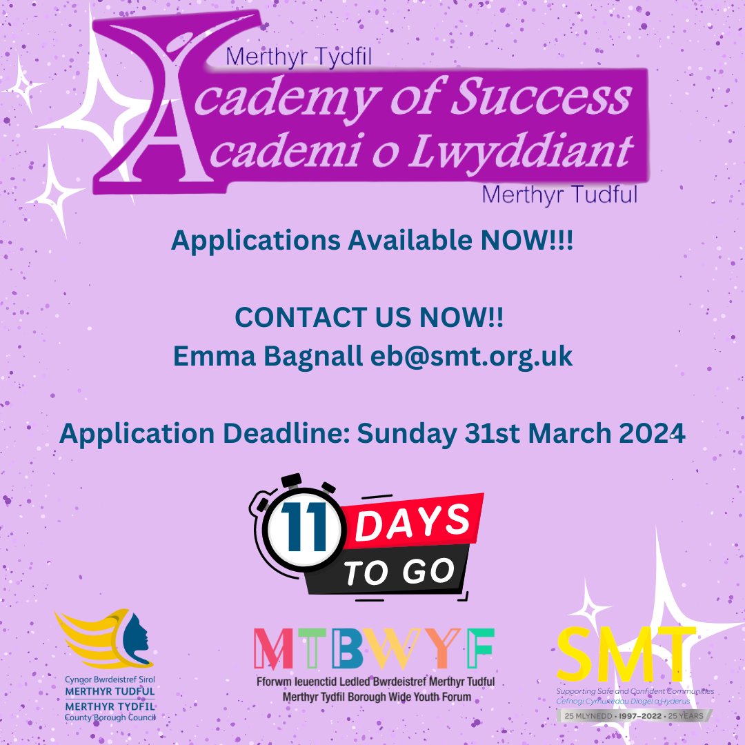 MTBWYF (@mtyouthforum) on Twitter photo Just 11 days to get those nominations in!
<a href="/SMTCYMRU/">SMT</a> <a href="/Snakesnladders2/">SnakesNLadders-TheOtherPandemic</a> @MerthyrCBC @CollegeMerthyr <a href="/GFGMerthyr/">Gellideg Foundation</a> <a href="/CyfarthfaHigh/">Cyfarthfa High School</a> <a href="/1Penydre/">Pen y Dre High School</a> <a href="/BishopHedleyRC/">BCA @ BHHS Campus</a> <a href="/Rhydywaun/">Ysgol Rhydywaun</a> <a href="/Greenfield_Sch/">Greenfield School</a> <a href="/georgetownyc/">Georgetown B&G Club</a> <a href="/treharrisbng/">Treharris B&G</a> <a href="/DowlaisYouth/">Dowlais Youth</a> <a href="/SteveGeorge100/">Steve & George</a> <a href="/MerthyrVH/">Merthyr Valleys Homes</a> <a href="/BarnardosCymru/">Barnardo's Cymru</a> Just 11 days to get those nominations in!
<a href="/SMTCYMRU/">SMT</a> <a href="/Snakesnladders2/">SnakesNLadders-TheOtherPandemic</a> @MerthyrCBC @CollegeMerthyr <a href="/GFGMerthyr/">Gellideg Foundation</a> <a href="/CyfarthfaHigh/">Cyfarthfa High School</a> <a href="/1Penydre/">Pen y Dre High School</a> <a href="/BishopHedleyRC/">BCA @ BHHS Campus</a> <a href="/Rhydywaun/">Ysgol Rhydywaun</a> <a href="/Greenfield_Sch/">Greenfield School</a> <a href="/georgetownyc/">Georgetown B&G Club</a> <a href="/treharrisbng/">Treharris B&G</a> <a href="/DowlaisYouth/">Dowlais Youth</a> <a href="/SteveGeorge100/">Steve & George</a> <a href="/MerthyrVH/">Merthyr Valleys Homes</a> <a href="/BarnardosCymru/">Barnardo's Cymru</a>
