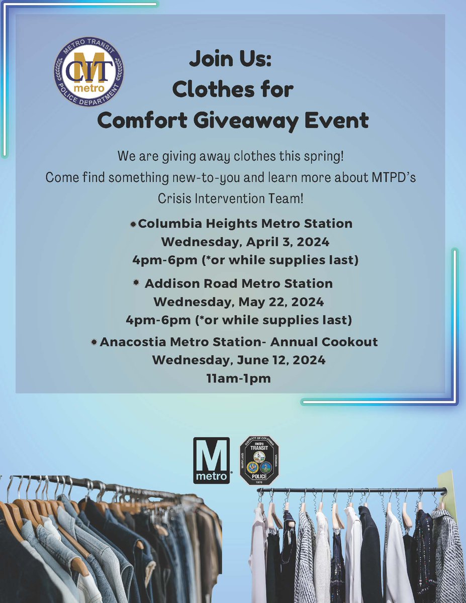 This spring, CIT is proud to announce a series of clothing giveaway events at various metro stations. We are committed to distributing gently used clothes to those in need, promoting sustainability and community support. We hope to see you at one of our upcoming events! #wmata