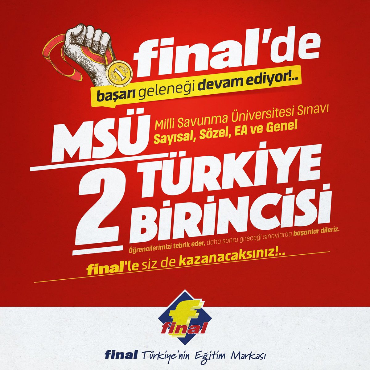 3 Mart 2024 tarihinde gerçekleşen Milli Savunma Üniversite sınavında Final Özel Öğretim Kursu'ndan 2 Türkiye Birincisi! 

Öğrencilerimizi tebrik eder, başarılarının devamını dileriz.

#FinalKurs #FinalEğitim #MSU