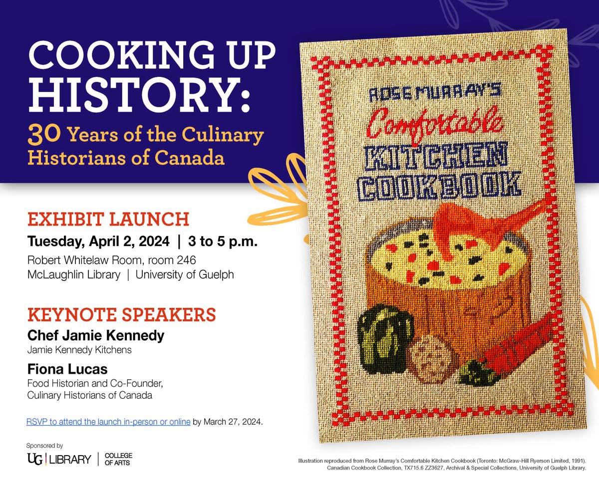 On Tues Apr 2 from 3-5pm my @UGuelphHist #foodhist students will launch their new exhibit in honour of <a href="/CulHistCan/">CulHistCanada</a> 30th anniversary &amp; <a href="/TasteCanada/">Taste Canada🇨🇦</a> Hall of Fame awards. Recipe samples from <a href="/ERiscooking/">Emily Richards</a>. Livestream option available. Registration is open! cal.lib.uoguelph.ca/event/3792914