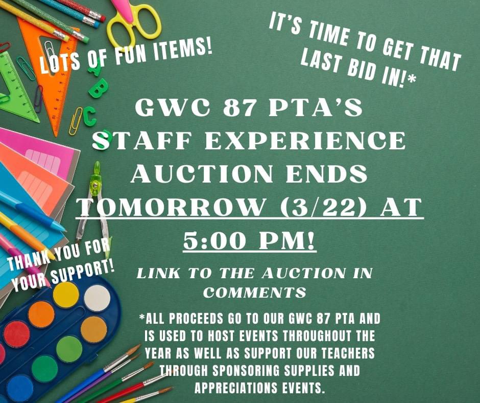 Tomorrow is the last day for our Staff Experience Auction! Get your last bids in! charityauctionstoday.com/bid/3677