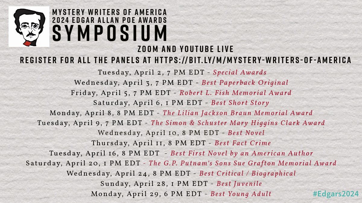 MWA is pleased to announce the dates for our annual symposium. You can now register for the panels below here: bit.ly/m/Mystery-Writ…. (Registration for Best Juvenile and Best Young Adult to come.) #Edgars2024
