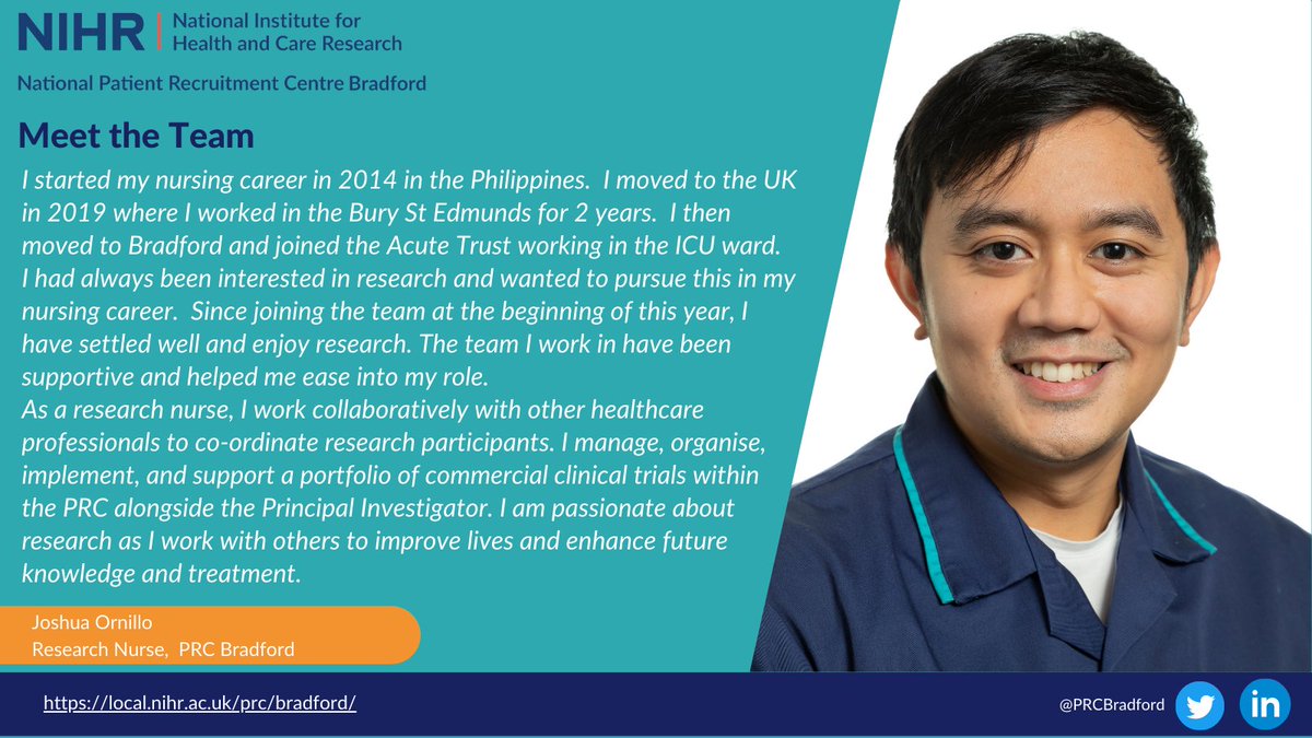 Meet Joshua Ornillo, who joined our Patient Recruitment Centre Bradford team as a Research Nurse. Learn more about his role below! Find out more about what we do here: local.nihr.ac.uk/prc/bradford/