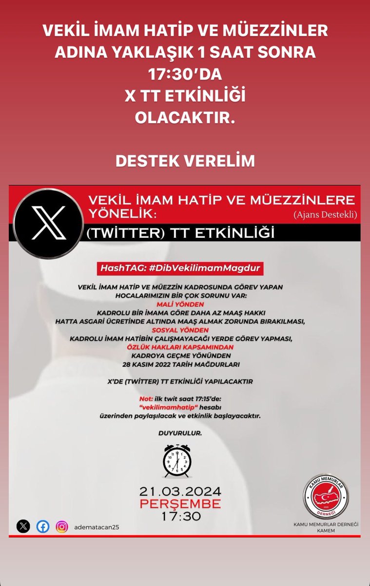 VEKİL İMAM HATİP VE MÜEZZİNLER ADINA TT ETKİNLİĞİ 17:30’DA GERÇEKLEŞECEKTİR