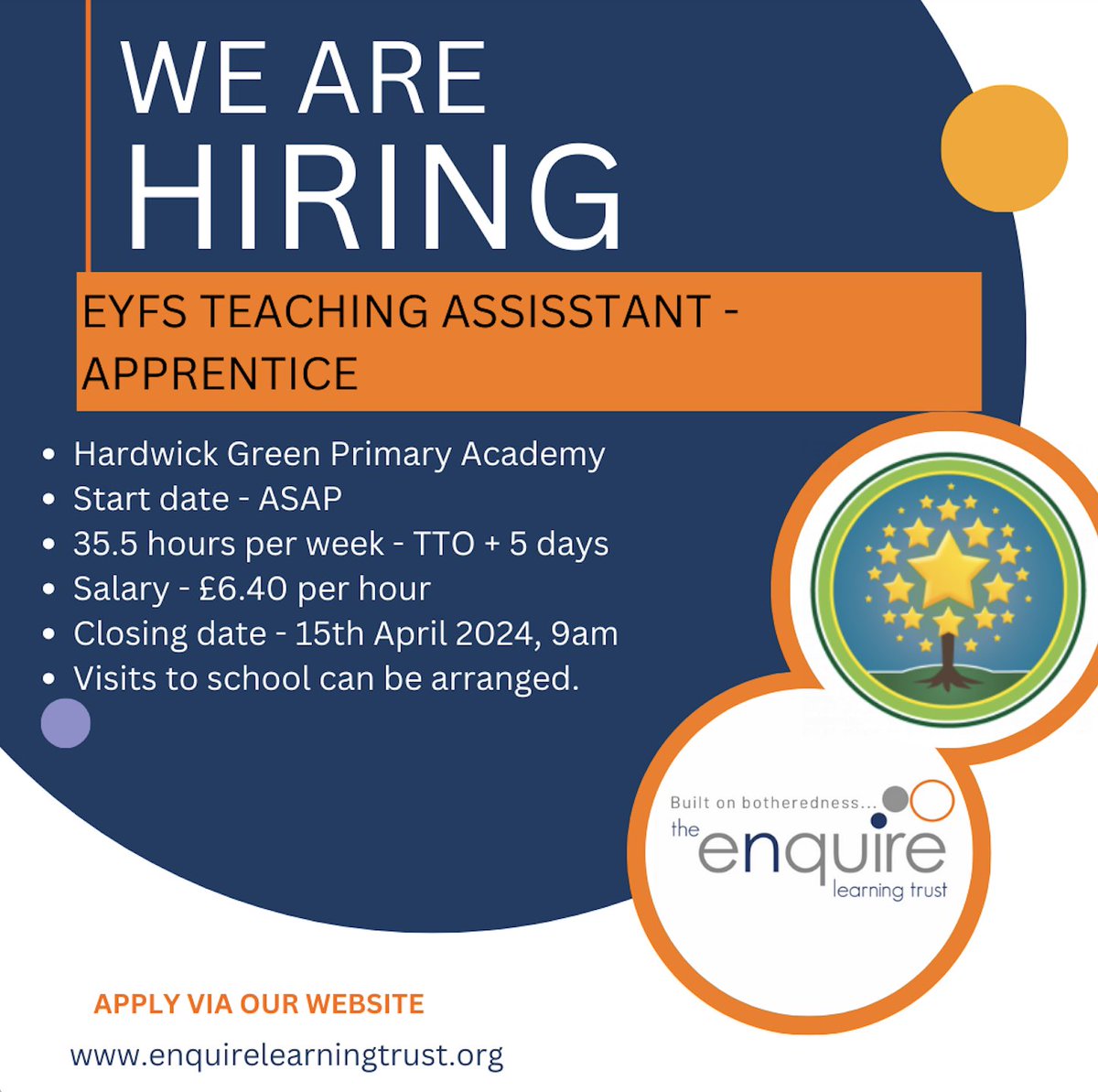 We are looking for an EYFS Apprentice TA to join The Enquire Learning Trust🧡 Interested? Or know someone who might be? Please share! 🗓15/04/2024, 9am 📍Hardwick Green Primary Academy Find out more and apply here⬇ enquirelearningtrust.org/job-vacancies/…