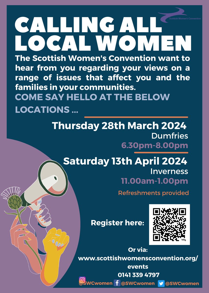 We are excited to announce our first SWC Roadshows of 2024. All women are welcome to join us for these free events & share your experiences about living in these communities. Thurs 28th Mar - Dumfries Sat 13th Apr - Inverness For more info/to register: bit.ly/3IjsNLK