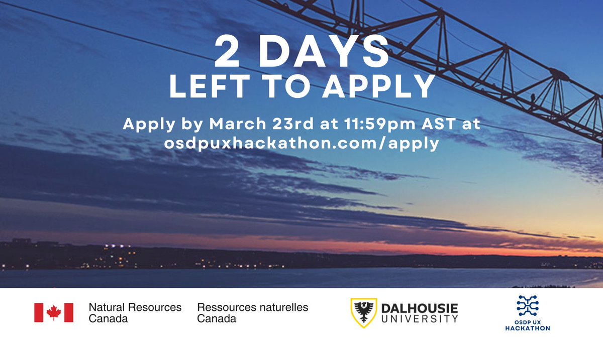OSDPUXHackathon's tweet image. Only 2 DAYS until applications for the Open Science Data Platform UX Hackathon close! This is your chance to win up to $2,500 in prizes AND improve how information is accessed on the OSDP. Apply by March 23rd at 11:59 AST at osdpuxhackathon.com/apply. 

@NRCan
