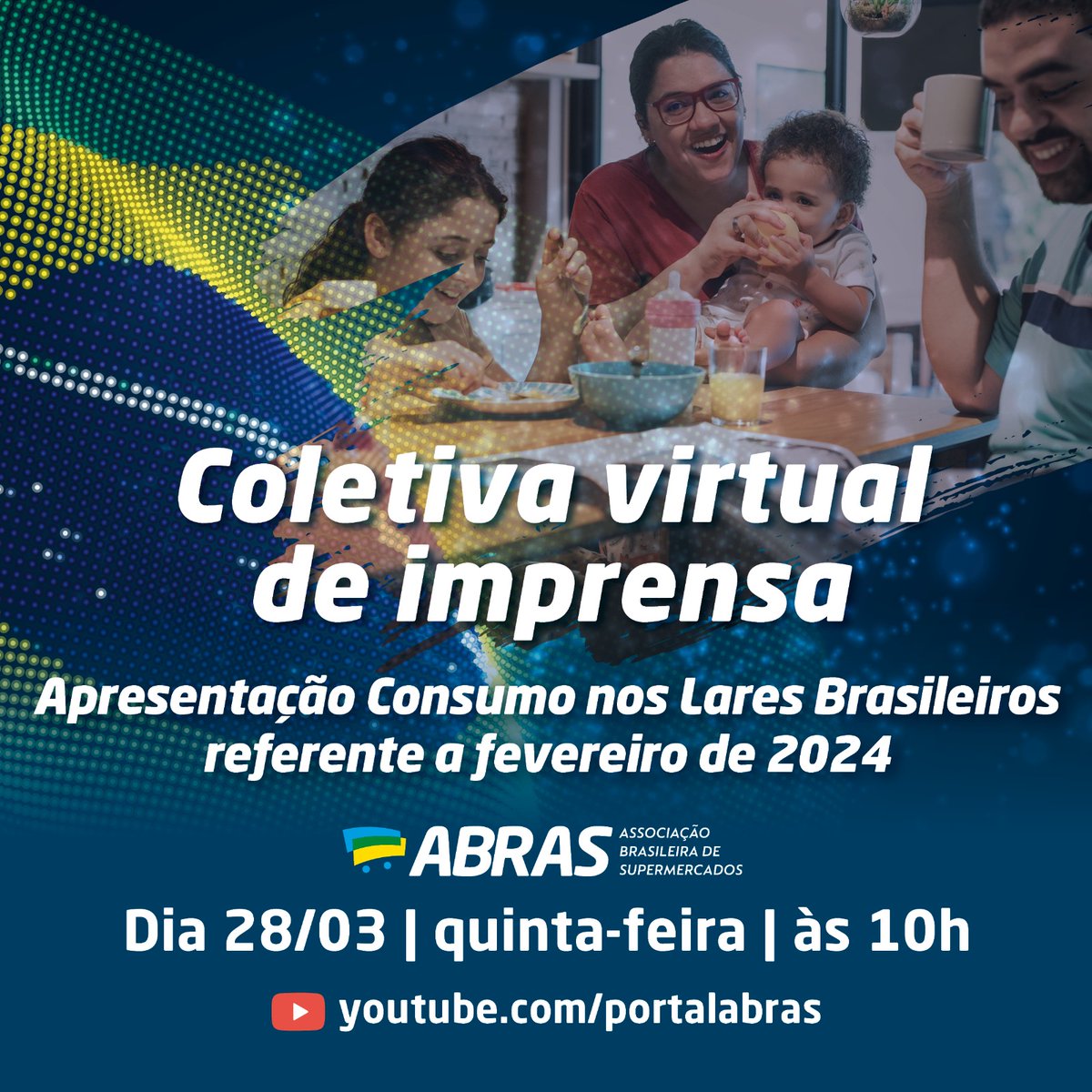 A nossa próxima coletiva virtual de imprensa acontecerá no dia 28.03, às 10 horas, para apresentação do Consumo nos Lares Brasileiros referente ao mês de fevereiro de 2024 e do Indicador Abrasmercado. Participem! Jornalistas, façam sua inscrição, link: lnkd.in/dg2WZssv