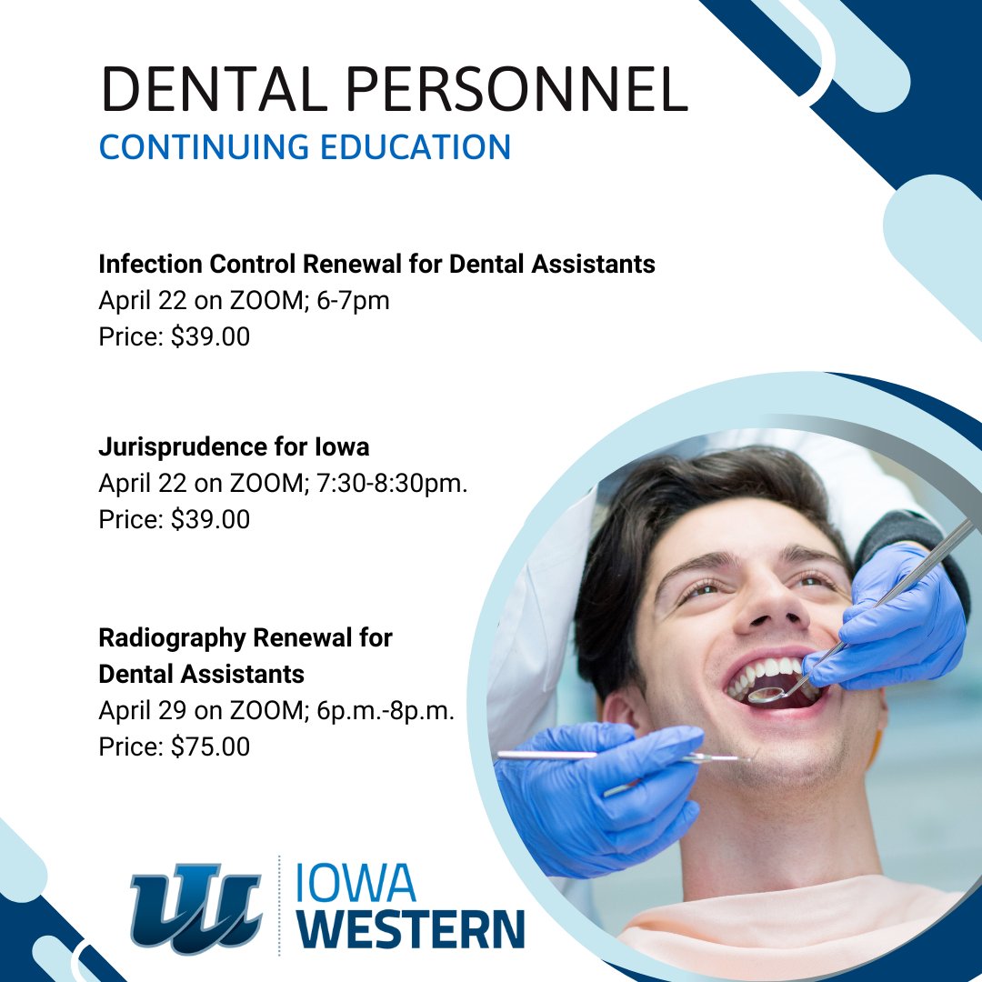 Calling all dental personnel! IWCC is offering continuing education course at our Council Bluffs campus to help you stay compliant with state regulations. 

Register now online for one of our courses at iwcc.edu/ce/health-amp-…