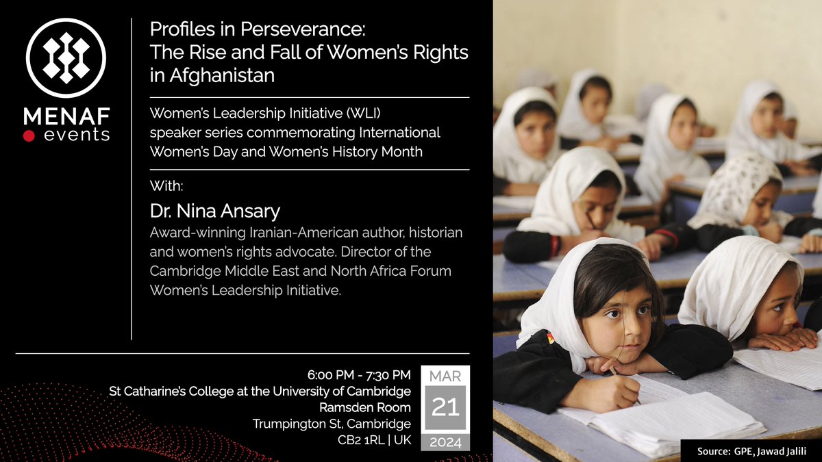 Join us #today at St Catharine's College at 6 PM for our #presentation and #reception with Dr. Nina Ansary, discussing women's and girls' rights in #Afghanistan. Registration is still open at the following link: cmenaf.org/event/profiles…