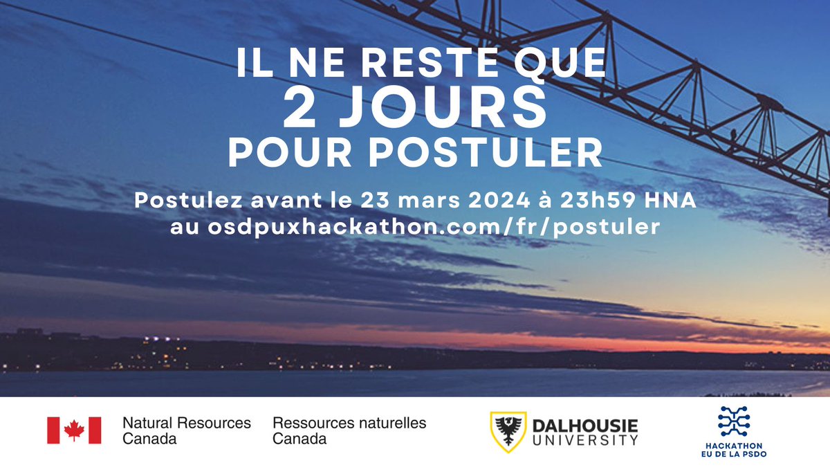 OSDPUXHackathon's tweet image. Il ne reste que 2 JOURS avant la clôture des candidatures pour participer au Hackathon EU de la Platerforme de science et de données ouvertes. Courez la chance de gagner jusqu&apos;à 2 500 $ de prix! Postulez avant le 23 mars à 11 h 59 HNA au osdpuxhackathon.com/fr/postuler/.

@RNCan