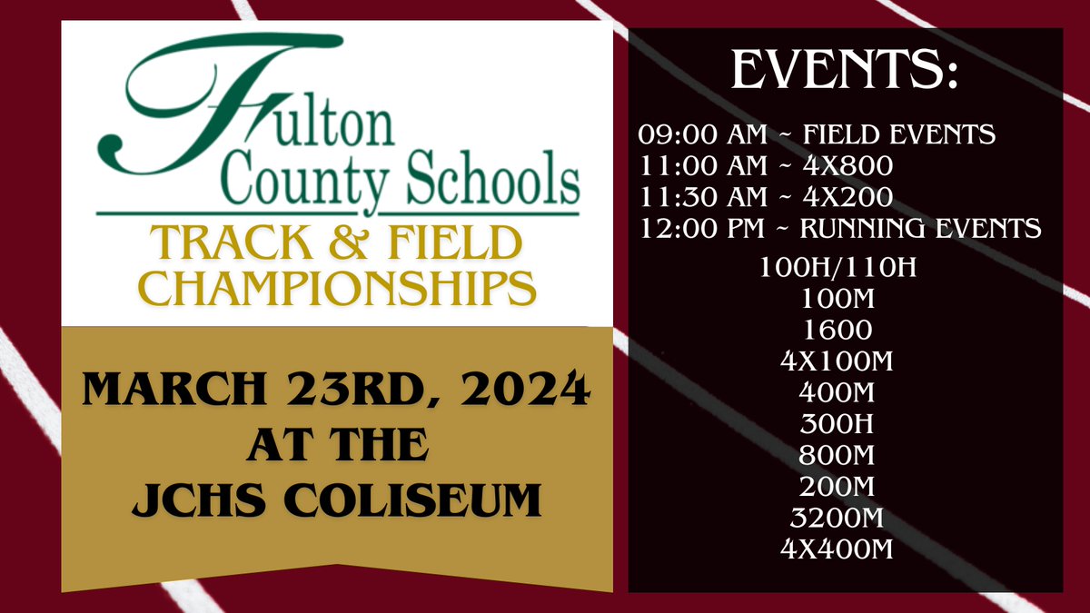 This weekend, 3/24, @FCS_JCHS is hosting the @FultonCoSchools Track & Field Championships!! Come out and support all track & field athletes from Fulton County Schools! TICKETS: gofan.co/event/1327376?… @LeadGladiator @jcgladiators @OfficialGHSA