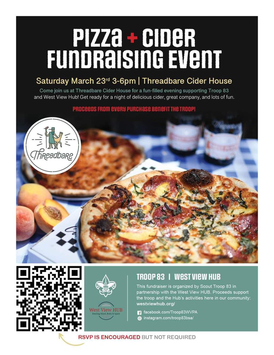 Stop by @ThreadbareCider House on March 23 from 3-6 PM to enjoy pizza and cider to benefit two great organizations - the HUB & West View's Boy Scout Troop 83!