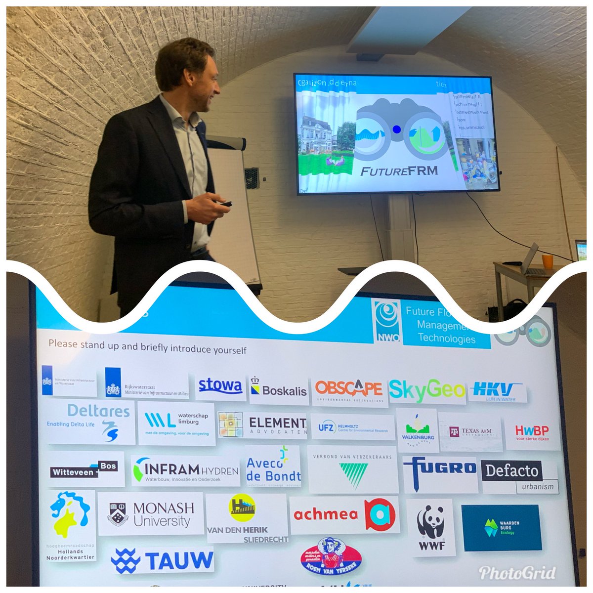 Bas Jonkman onthult logo v. veelbelovend NWO-onderzoeksprogramma vr waterveiligheid: Future FRM-tech. Belangrijk wetenschappelijk onderzoek nr nieuwe technieken en strategieën om overstromingen te voorkomen of ermee te dealen. Veel participanten, waaronder het HWBP. #dijkwerkers