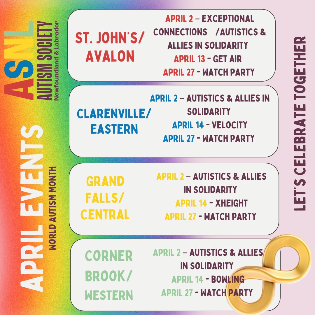 Let's Celebrate World Autism Month Together!

ASNL Community Resource Centers across the island have events planned throughout the month of April.

More details (ie times, location, what to expect) coming soon!