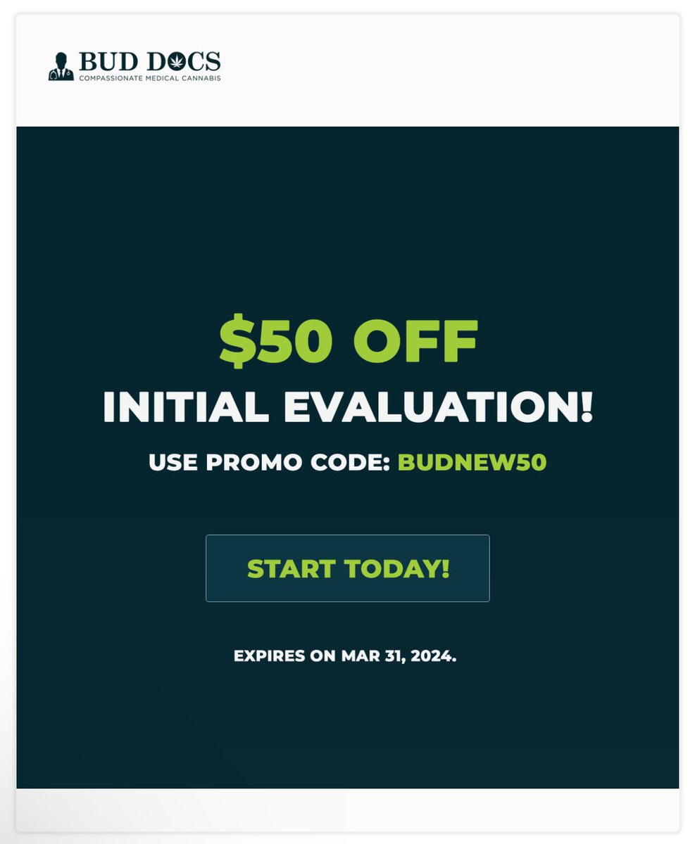 BudDeals's tweet photo. 🌿🔥 Unlock the healing power of medical cannabis with $50 off your initial evaluation at @BudDocs ! 🌿🔥 https://t.co/B1AxzQLRly