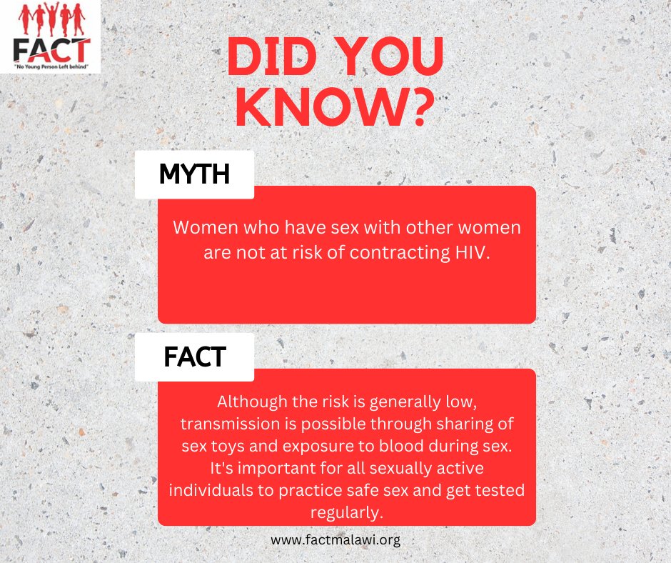 Did you know? While the risk may be low transmission of HIV among women who have sex with other women is still possible through activities like sharing sex toys or exposure to blood during sex. It's important to practice safe sex, regardless of sexual orientation. #FactMalawi