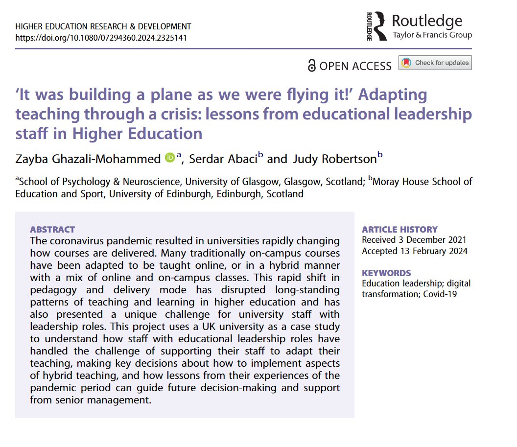 Fantastic to see this paper on educational leadership in higher education led by @Zayba_G from our Pedagogy and Education Research Unit published in @HERDJournal tandfonline.com/doi/full/10.10…